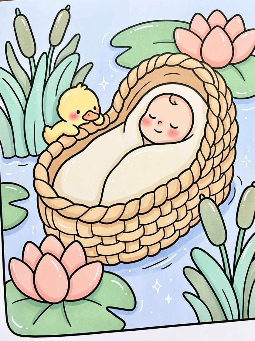 Baby Moses sleeping peacefully in a floating basket