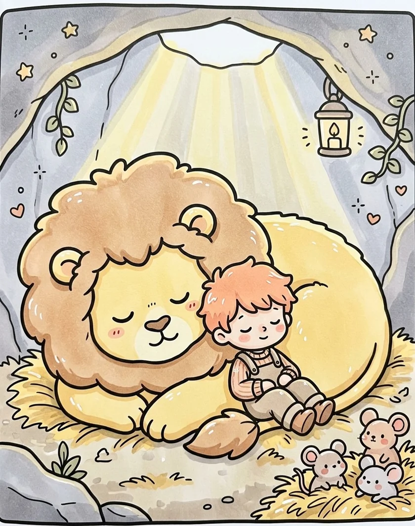 Daniel resting safely beside soft sleeping lions