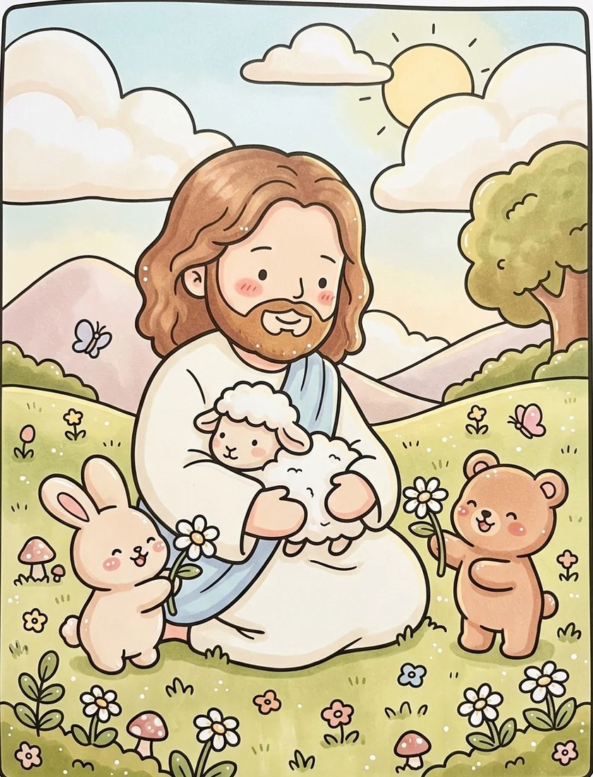Jesus smiling and embracing cheerful young children