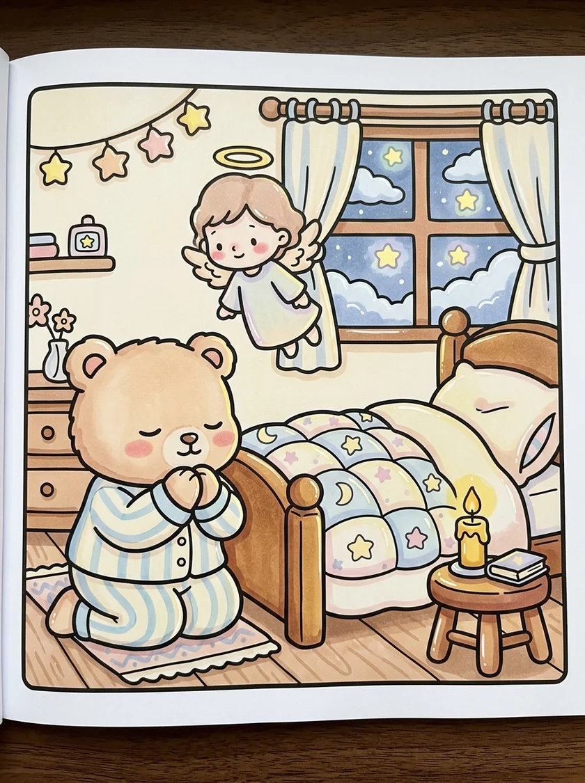 Colored drawing of little teddy bear in bedtime prayer with guardian angel