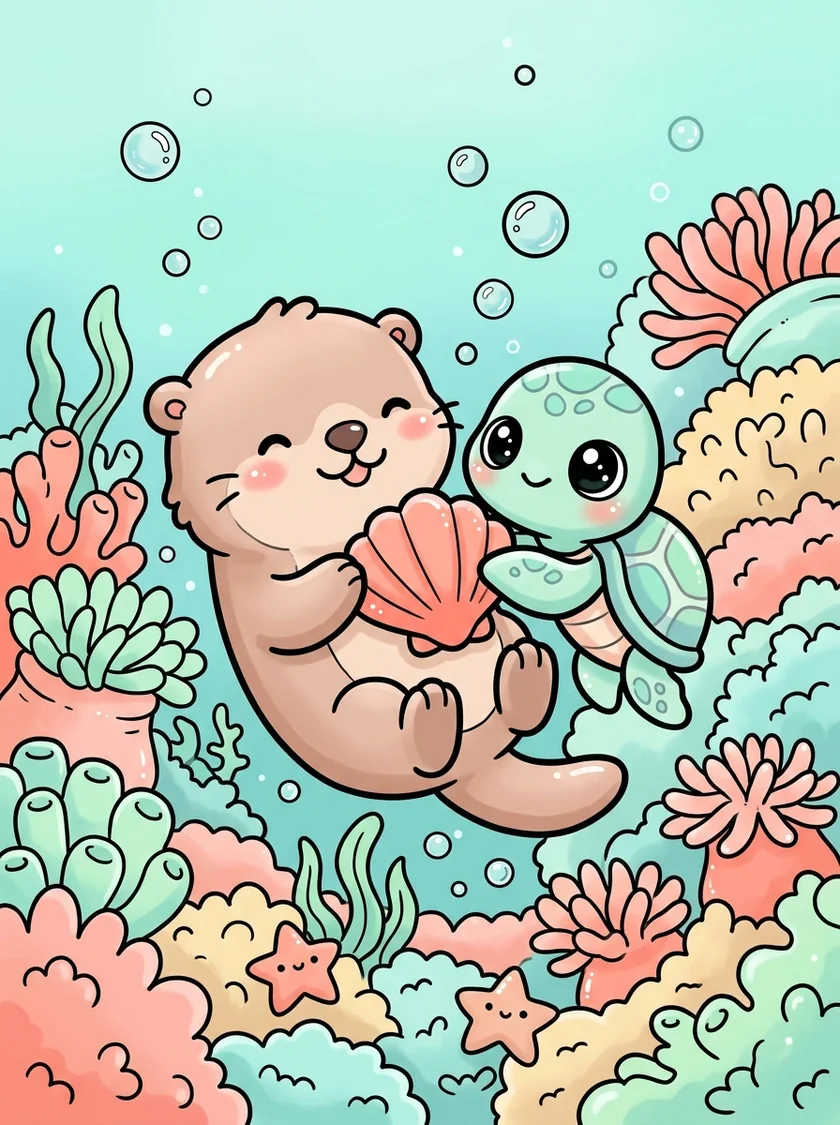 Cute baby sea turtle swimming with happy otter