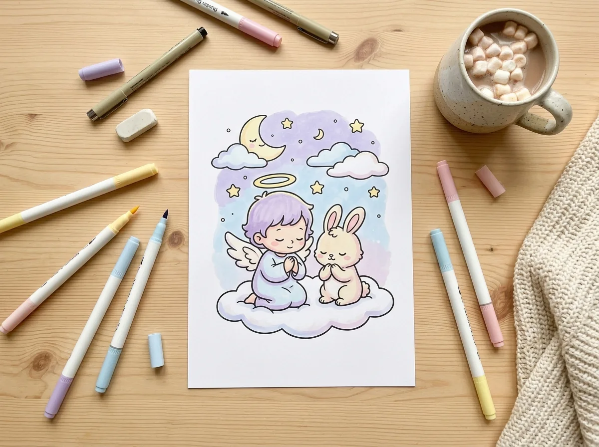 Printed Bible Coloring Page with Noah's Ark on a wooden table with markers