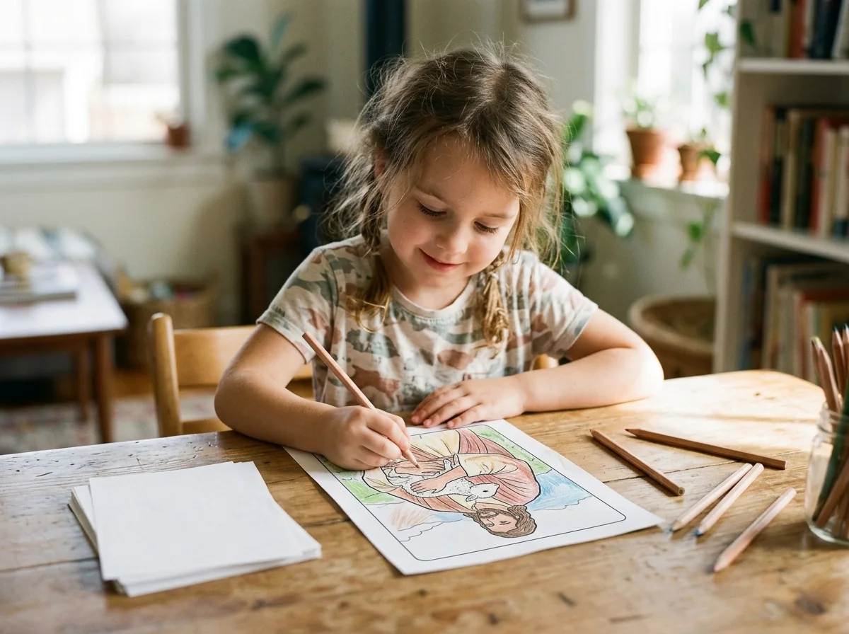 Little girl happily coloring printed Bible page