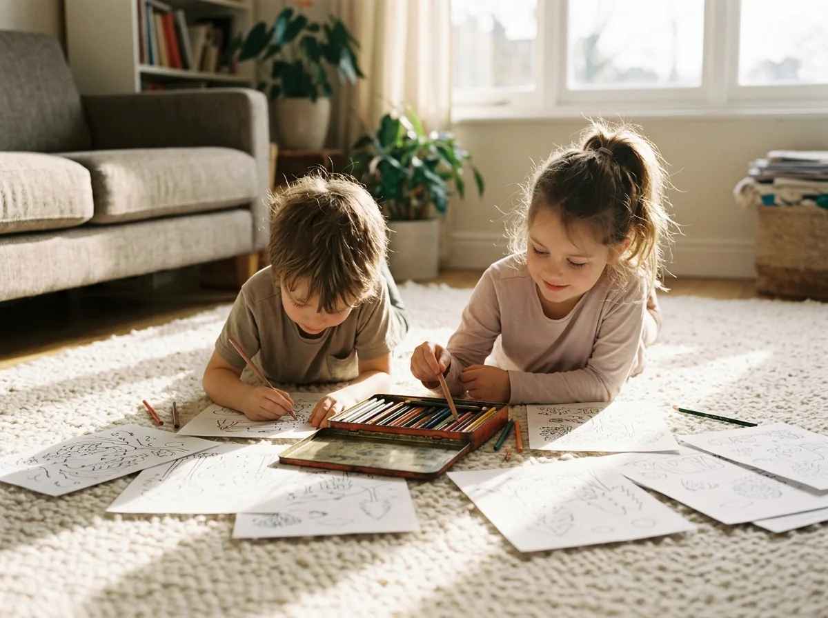 Siblings coloring printed Bible pages together on living room rug