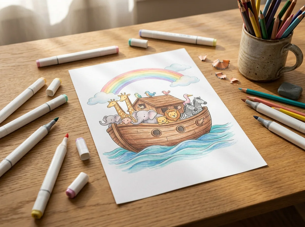 Cozy flatlay with trending bold outline coloring page and alcohol markers
